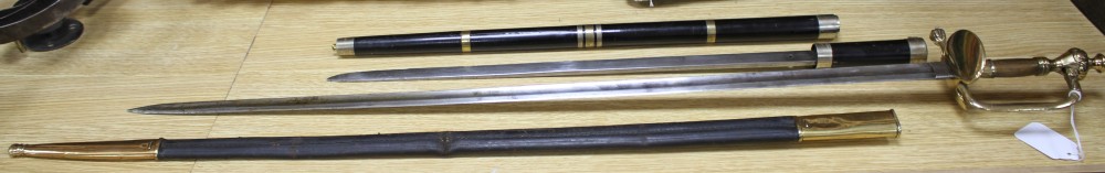 A Victorian brass hilted sword, the hilt stamped 126R.5.1 and a brass and plate mounted ebony swordstick